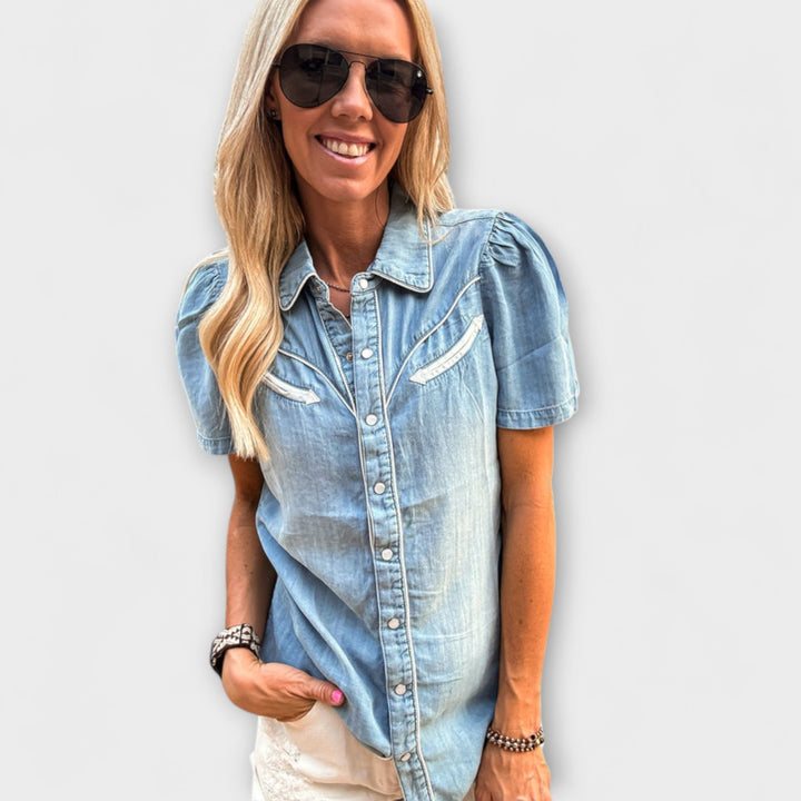 Podzim - Modrá košile Booker Western s knoflíkovou légou