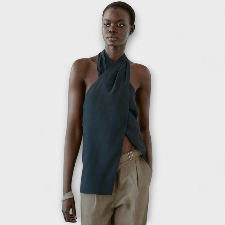 Leah - Modrý top na zavazování za krk s výřezem na zádech