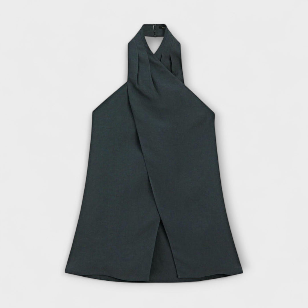 Leah - Modrý top na zavazování za krk s výřezem na zádech