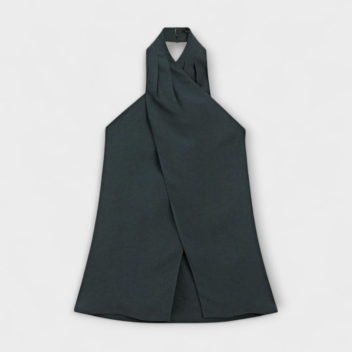 Leah - Modrý top na zavazování za krk s výřezem na zádech