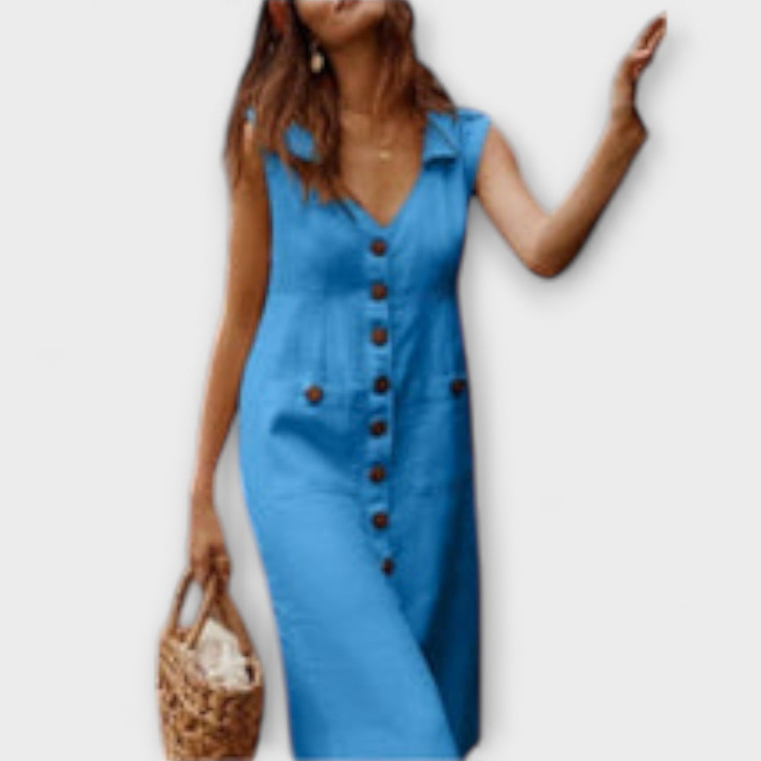 Nora – A-Linie Šaty z Bavlny a Lnu s Výstřihem do V